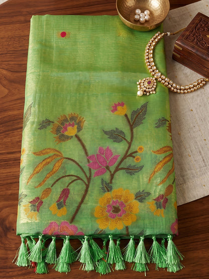 Sutriti Light Green Tissue Silk Saree For Women | Floral Embroidered Party Wear Ethnic Drape