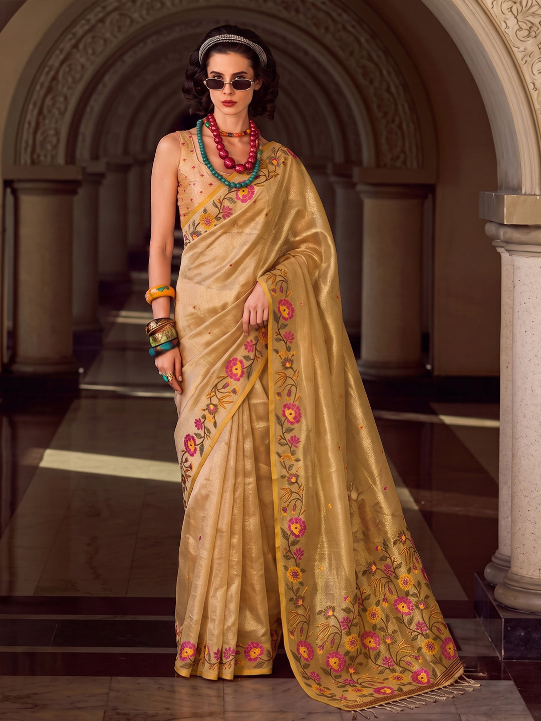 Sutriti Gold Tissue Silk Saree With Floral Embroidery | Luxury Wedding & Festive Wear For Women