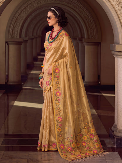 Sutriti Gold Tissue Silk Saree With Floral Embroidery | Luxury Wedding & Festive Wear For Women