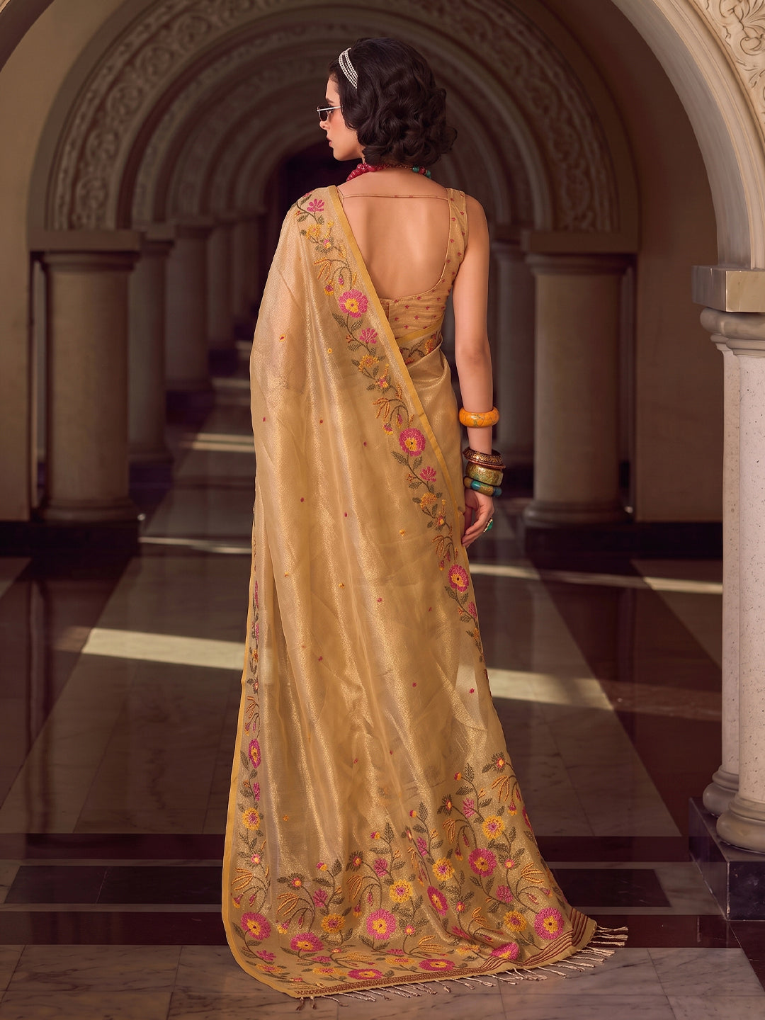 Sutriti Gold Tissue Silk Saree With Floral Embroidery | Luxury Wedding & Festive Wear For Women