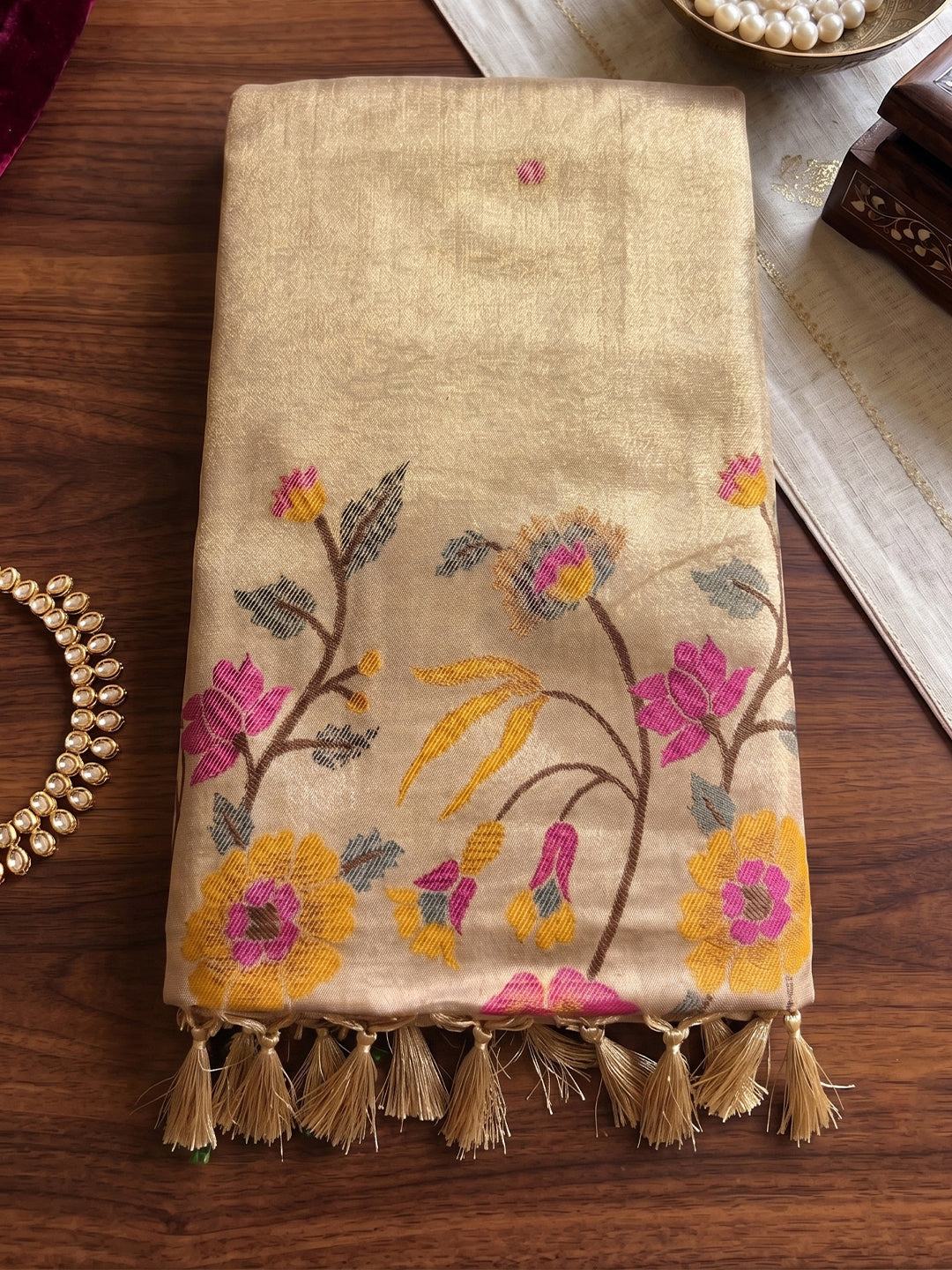 Sutriti Gold Tissue Silk Saree With Floral Embroidery | Luxury Wedding & Festive Wear For Women