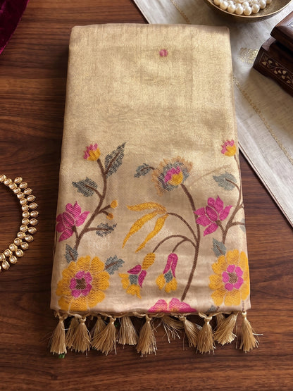 Sutriti Gold Tissue Silk Saree With Floral Embroidery | Luxury Wedding & Festive Wear For Women