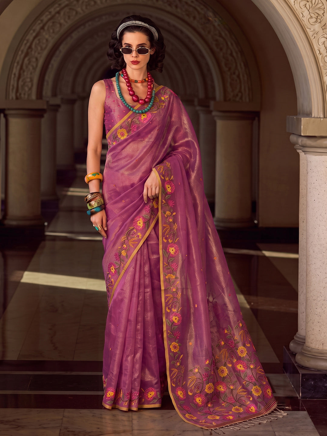 Sutriti Purple Floral Embroidered Tissue Silk Saree | Women Elegant Evening & Party Wear Drape