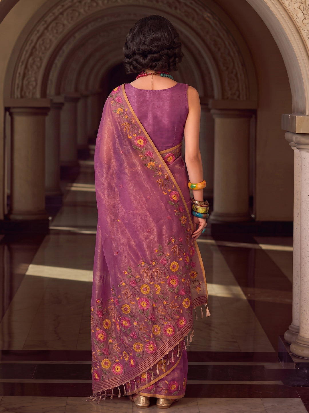 Sutriti Purple Floral Embroidered Tissue Silk Saree | Women Elegant Evening & Party Wear Drape