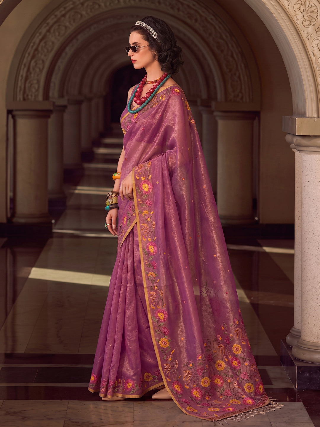 Sutriti Purple Floral Embroidered Tissue Silk Saree | Women Elegant Evening & Party Wear Drape