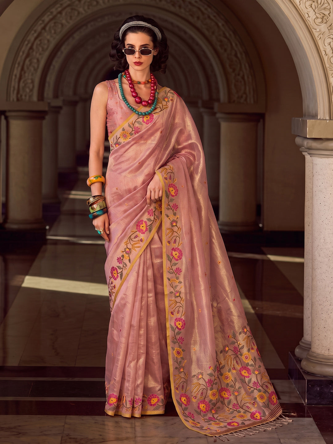 Sutriti Rose Pink Premium Tissue Silk Saree | Festive Embroidered Ethnic Wear For Modern Women