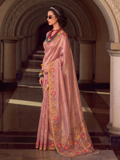 Sutriti Rose Pink Premium Tissue Silk Saree | Festive Embroidered Ethnic Wear For Modern Women