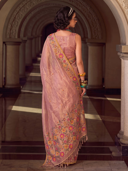 Sutriti Rose Pink Premium Tissue Silk Saree | Festive Embroidered Ethnic Wear For Modern Women