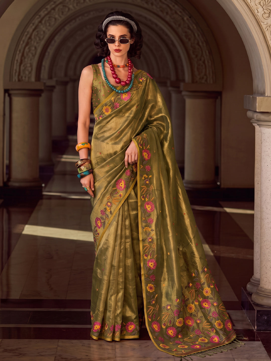 Sutriti Olive Green Tissue Silk Saree | Exquisite Floral Border Traditional Party Wear For Women