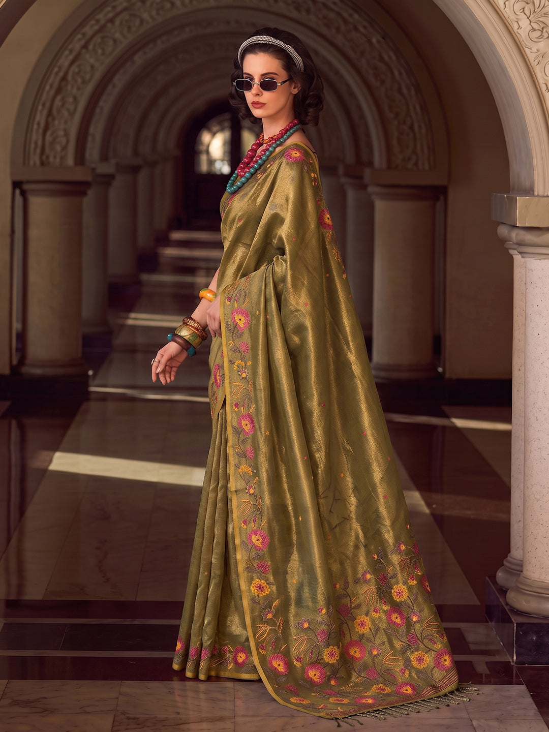 Sutriti Olive Green Tissue Silk Saree | Exquisite Floral Border Traditional Party Wear For Women