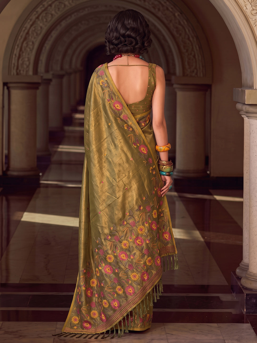 Sutriti Olive Green Tissue Silk Saree | Exquisite Floral Border Traditional Party Wear For Women