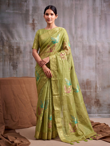Sutriti Olive Green Cotton Saree for Women Festive Party Wedding Traditional Saree