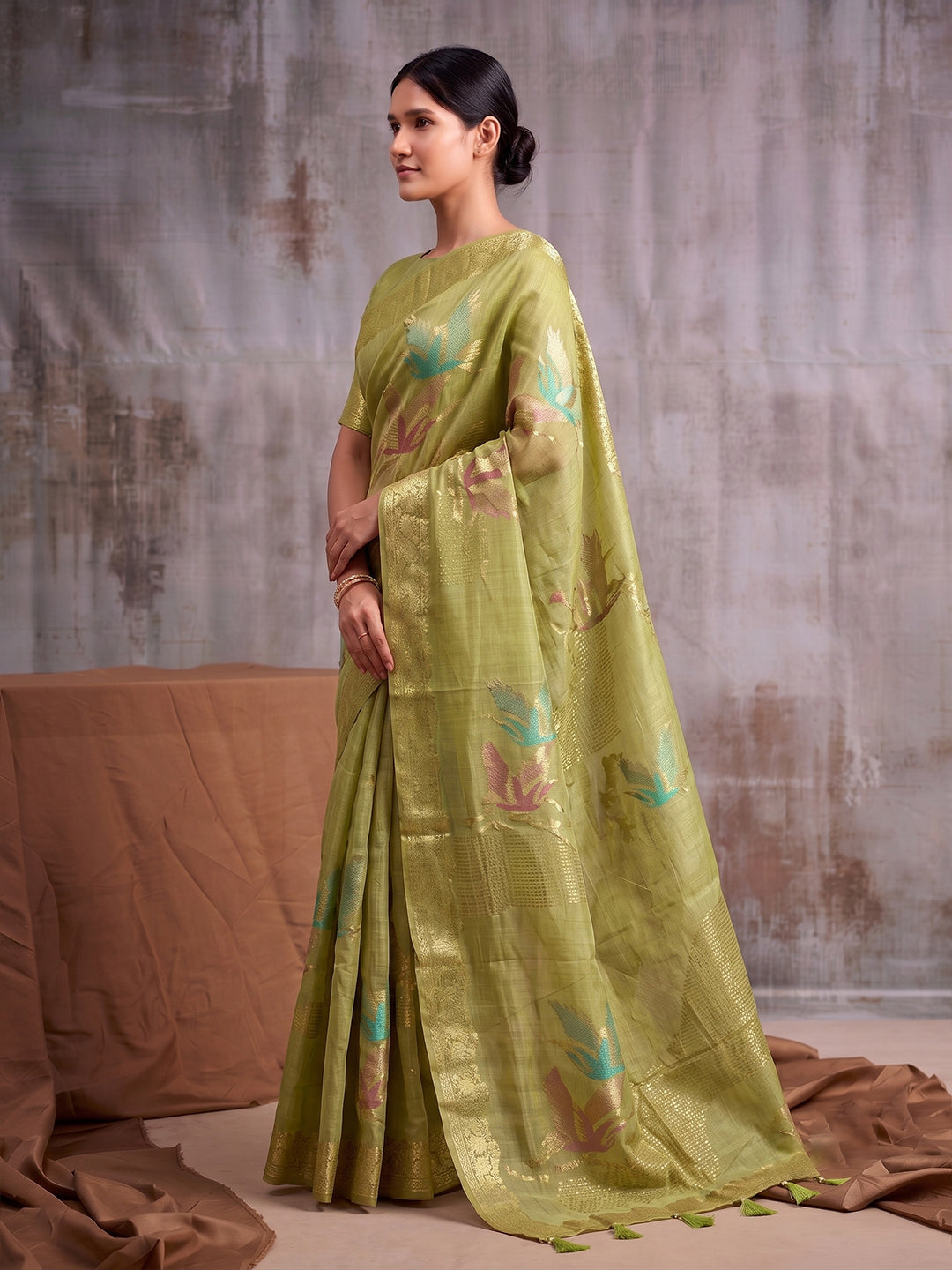 Sutriti Olive Green Cotton Saree for Women Festive Party Wedding Traditional Saree