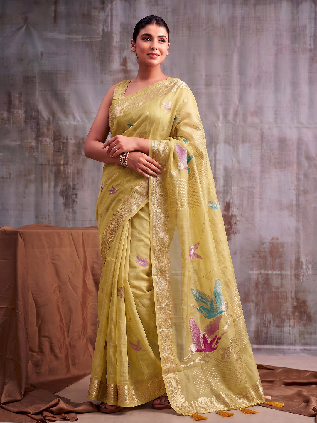 Sutriti Mustard Yellow Cotton Saree for Women Festive Party Traditional Ethnic Saree