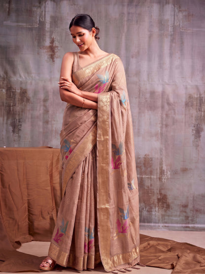 Sutriti Beige Cotton Saree for Women Festive Traditional Wedding Party Ethnic Saree