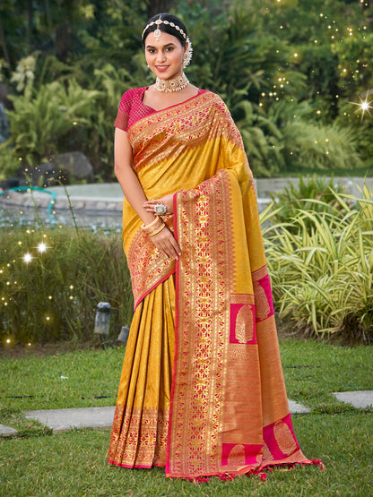 Golden mustard zari woven saree with pink contrast border and heavy pallu for women