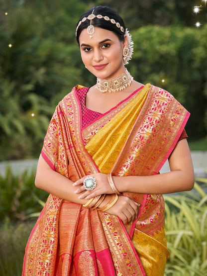 Golden mustard zari woven saree with pink contrast border and heavy pallu for women