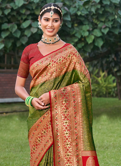 Sutriti Majestic Mhendi Green Kanjivaram Silk Saree | Bridal Heritage Collection | Limited Edition