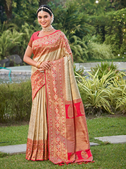 Beige champagne zari woven saree for women with red contrast border and heavy pallu