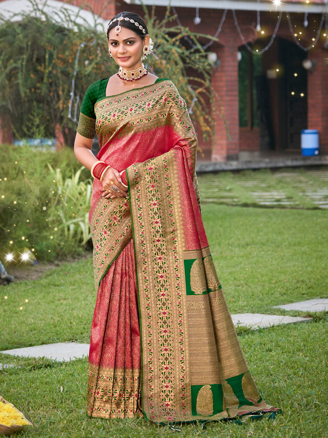 Rani pink zari woven saree for women with green contrast border and heavy pallu