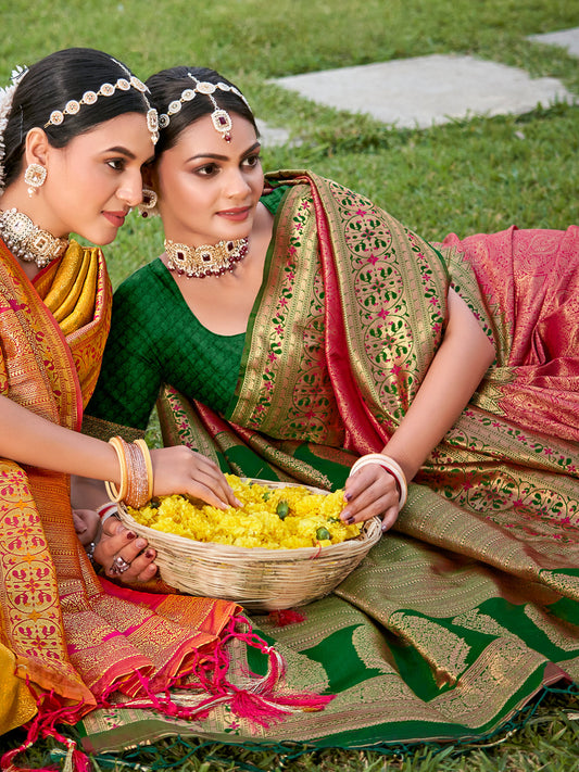 Rani pink zari woven saree for women with green contrast border and heavy pallu