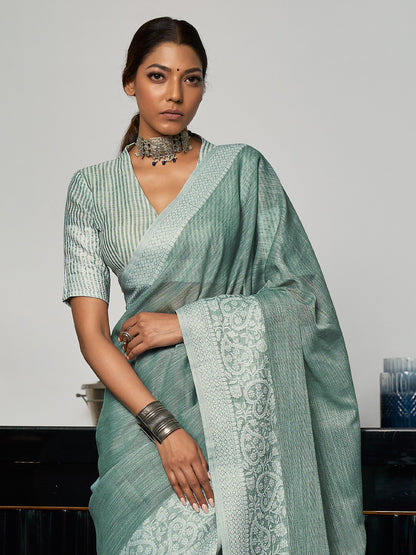 Sutriti Women Teal Green & Silver-Toned Woven Design Linen Blend Saree