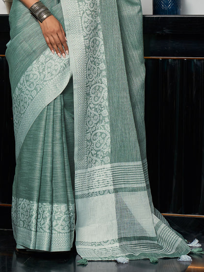 Sutriti Women Teal Green & Silver-Toned Woven Design Linen Blend Saree