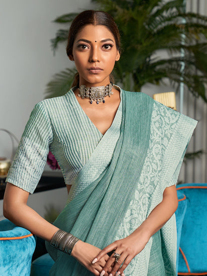 Sutriti Women Teal Green & Silver-Toned Woven Design Linen Blend Saree