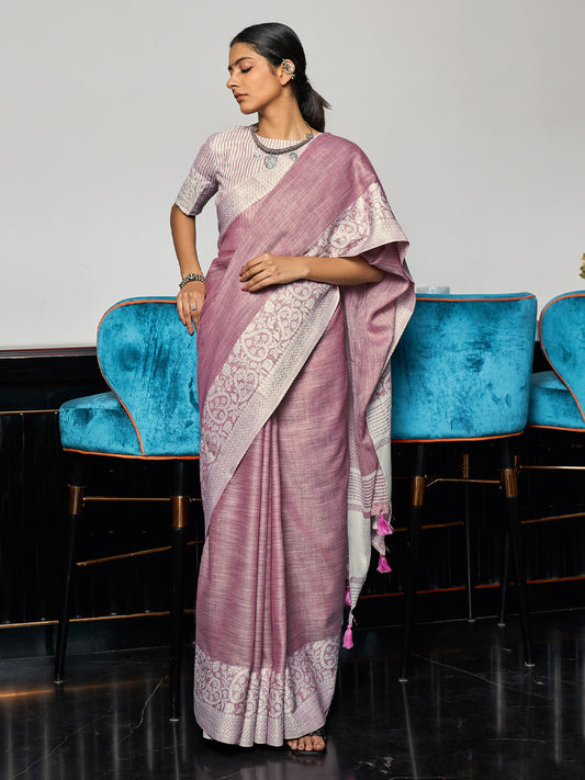Sutriti dusty mauve tissue silk white zari woven border wedding saree elegant border collection