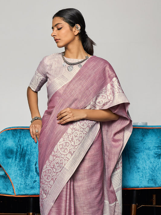 Sutriti dusty mauve tissue silk white zari woven border wedding saree elegant border collection