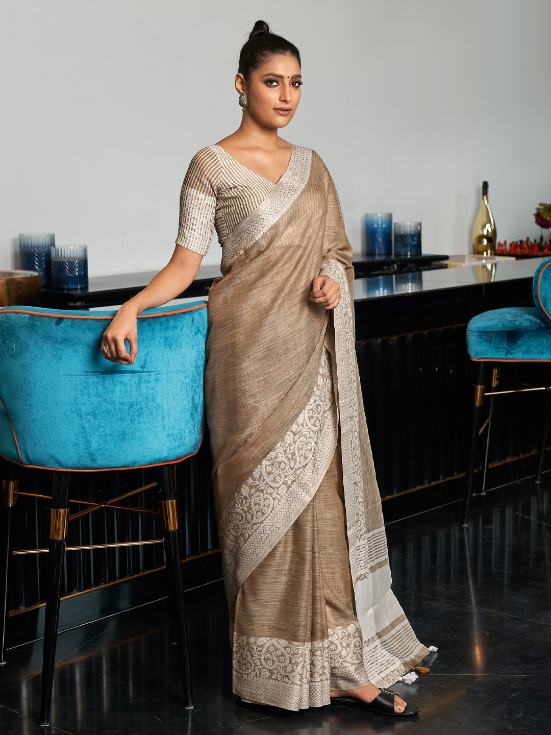 Sutriti taupe beige tissue silk white zari woven border wedding saree elegant border collection