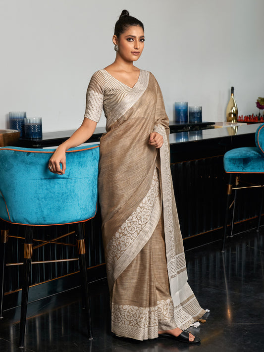 Sutriti taupe beige tissue silk white zari woven border wedding saree elegant border collection