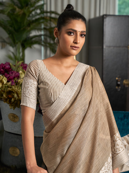 Sutriti taupe beige tissue silk white zari woven border wedding saree elegant border collection
