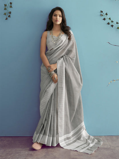 Sutriti Women Teal Green & Silver-Toned Woven Design Linen Blend Saree