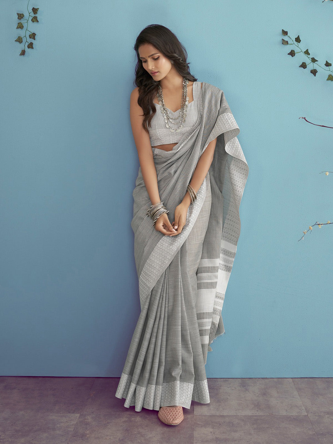 Sutriti Women Teal Green & Silver-Toned Woven Design Linen Blend Saree