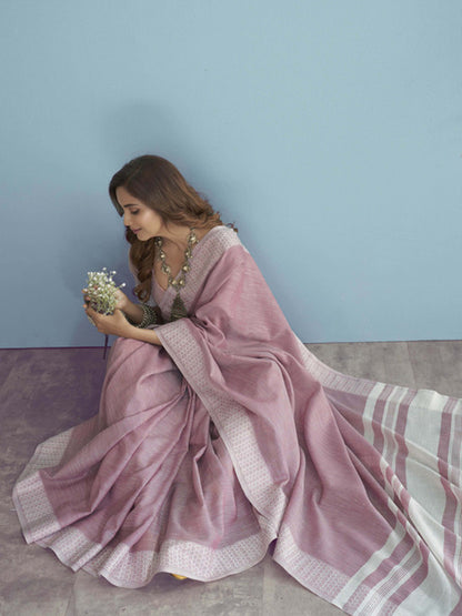 Sutriti Pink Linen Saree for Women Festive Wear Elegant Ethnic Wedding PSofty Saree