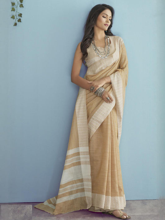 Sutriti Mustard Beige Linen Saree for Women Elegant Festive Ethnic PSofty Wear Saree
