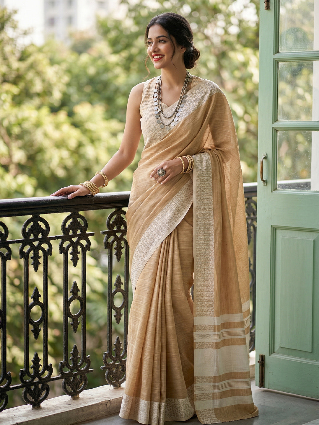Sutriti Mustard Beige Linen Saree for Women Elegant Festive Ethnic PSofty Wear Saree