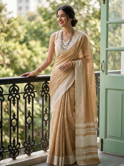 Sutriti Mustard Beige Linen Saree for Women Elegant Festive Ethnic PSofty Wear Saree