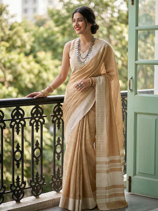 Sutriti Mustard Beige Linen Saree for Women Elegant Festive Ethnic PSofty Wear Saree