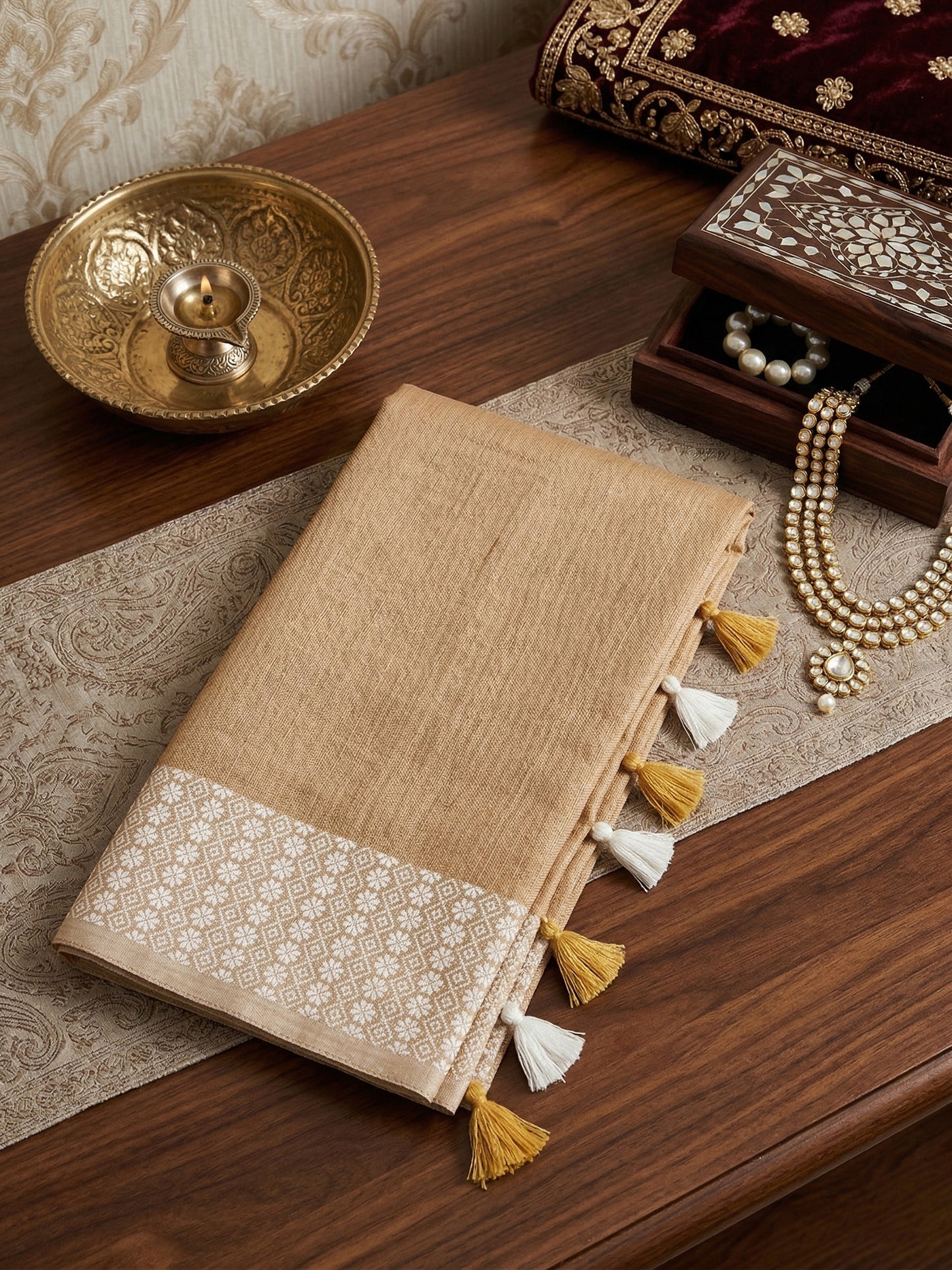 Sutriti Mustard Beige Linen Saree for Women Elegant Festive Ethnic PSofty Wear Saree