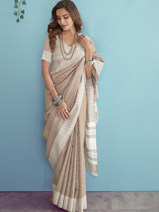 Sutriti Beige Linen Saree for Women Elegant Festive Wear Ethnic Wedding PSofty Saree