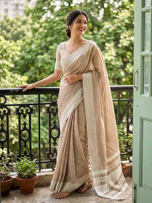 Sutriti Beige Linen Saree for Women Elegant Festive Wear Ethnic Wedding PSofty Saree