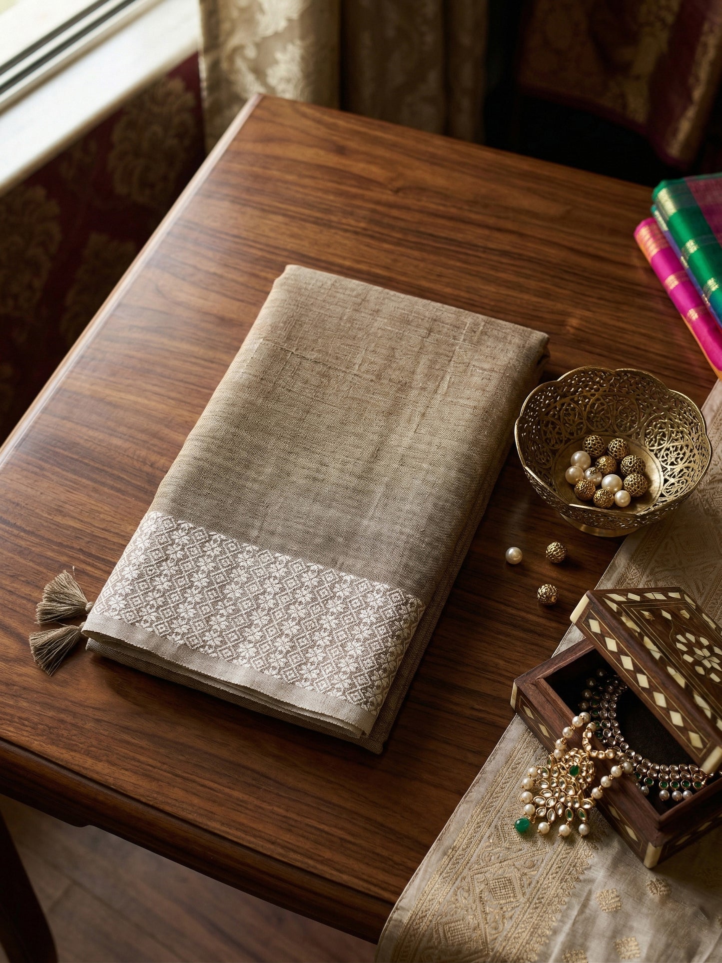 Sutriti Beige Linen Saree for Women Elegant Festive Wear Ethnic Wedding PSofty Saree