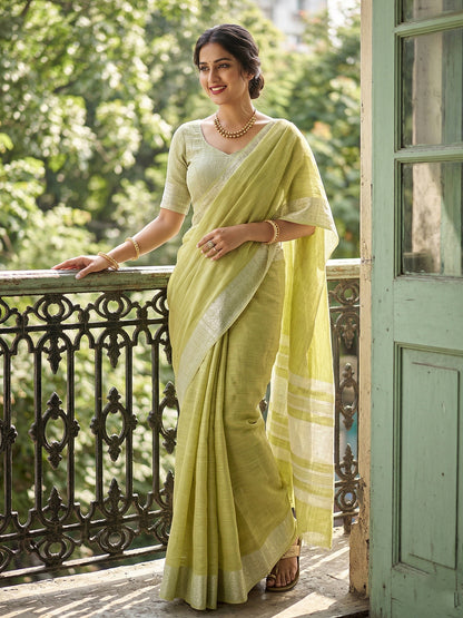 Sutriti Olive Green Linen Saree for Women Elegant Festive Ethnic PSofty Wear Saree