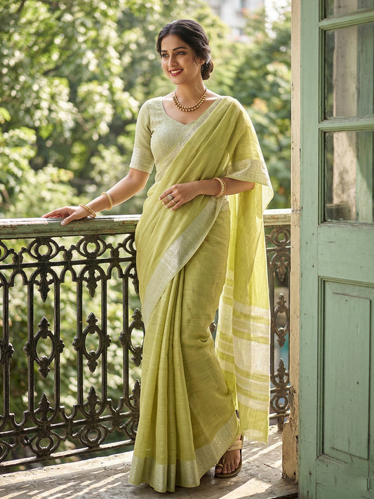 Sutriti Olive Green Linen Saree for Women Elegant Festive Ethnic PSofty Wear Saree