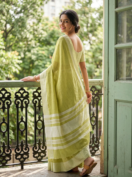 Sutriti Olive Green Linen Saree for Women Elegant Festive Ethnic PSofty Wear Saree