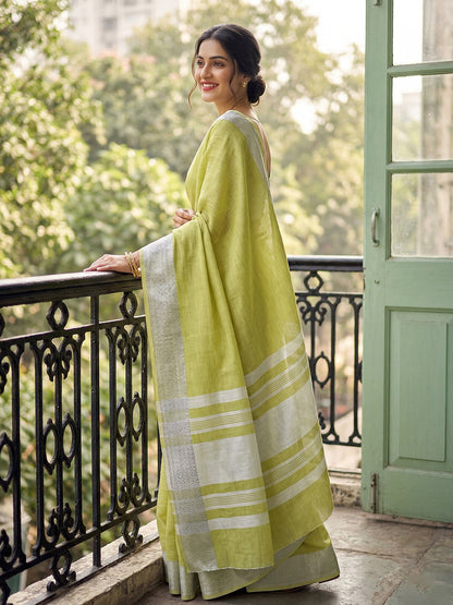 Sutriti Olive Green Linen Saree for Women Elegant Festive Ethnic PSofty Wear Saree