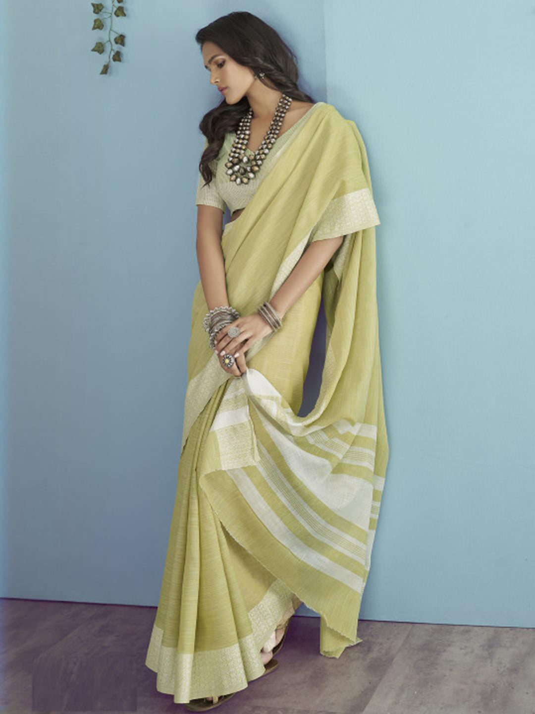 Sutriti Olive Green Linen Saree for Women Elegant Festive Ethnic PSofty Wear Saree