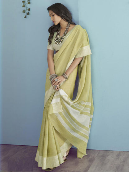 Sutriti Olive Green Linen Saree for Women Elegant Festive Ethnic PSofty Wear Saree